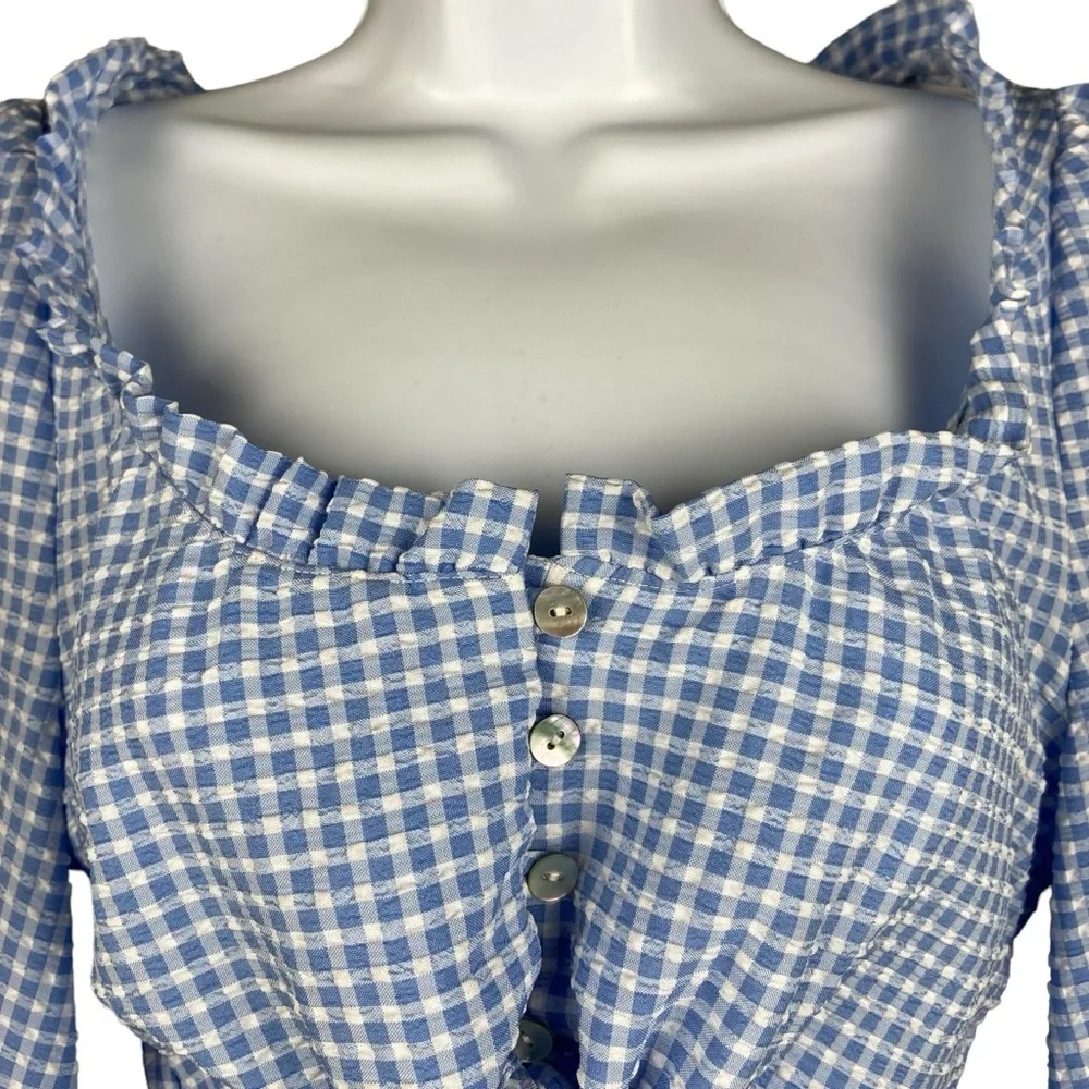 NWT ZARA Blue White Gingham Coquette Long Puff Sleeves Crop Top NWT XS